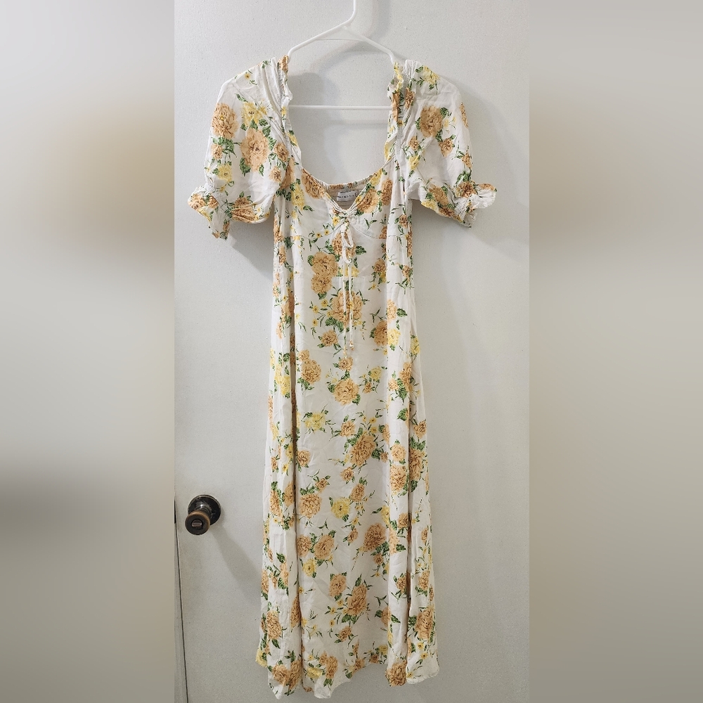 Faithfull The Brand Floral White and Yellow Dress, Size 2, 100% Rayon.